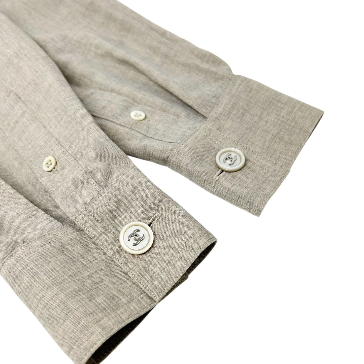 CHANEL Vintage CC Logo Button Up Shirt Blouse Top Beige Front Pocket Wool