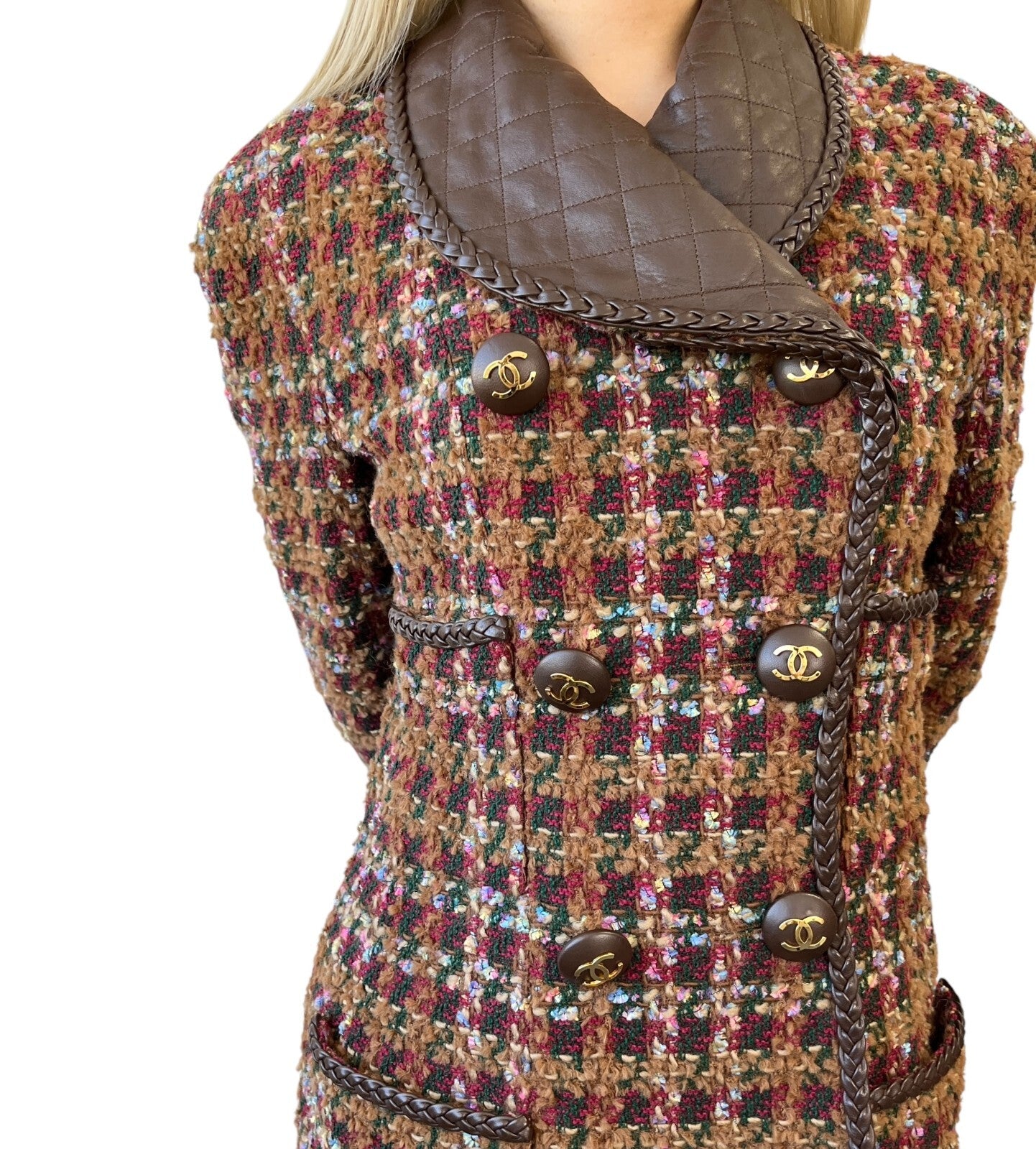 CHANEL Vintage 92A CC Logo Tweed Jacket #38 Multicolor Button Wool Leather