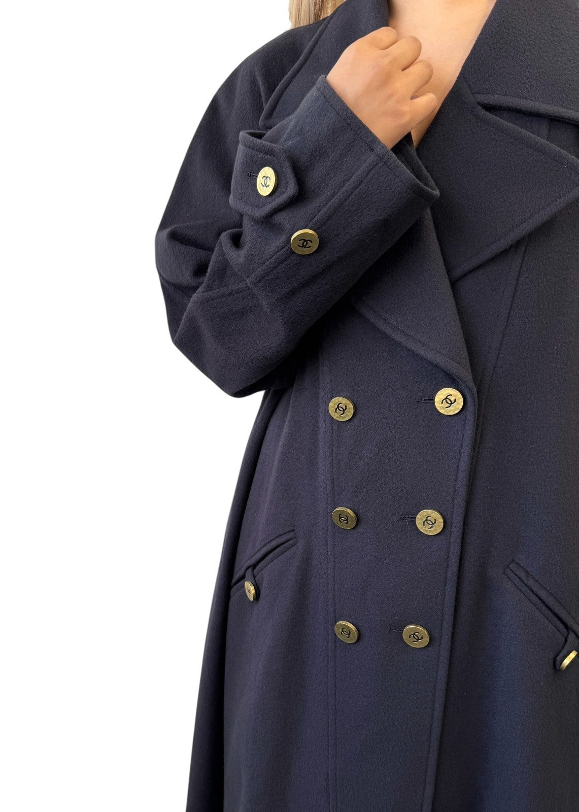 CHANEL Vintage 95A CC Mark Logo Long Coat Jacket #38 Cashmere Dark Blue Gold