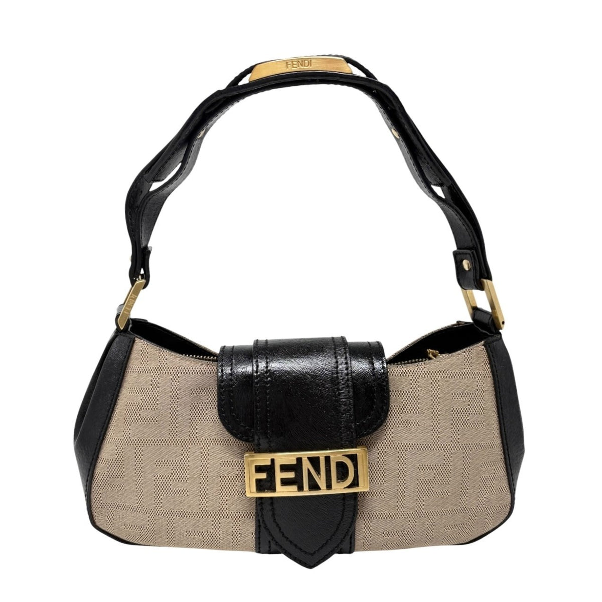 FENDI Vintage FF Logo Zucca Monogram Shoulder Bag Beige Black Canvas 902308