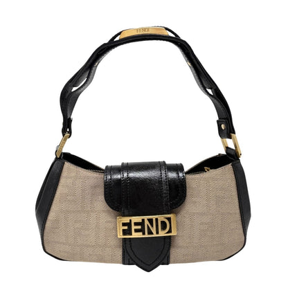 FENDI Vintage FF Logo Zucca Monogram Shoulder Bag Beige Black Canvas 902308