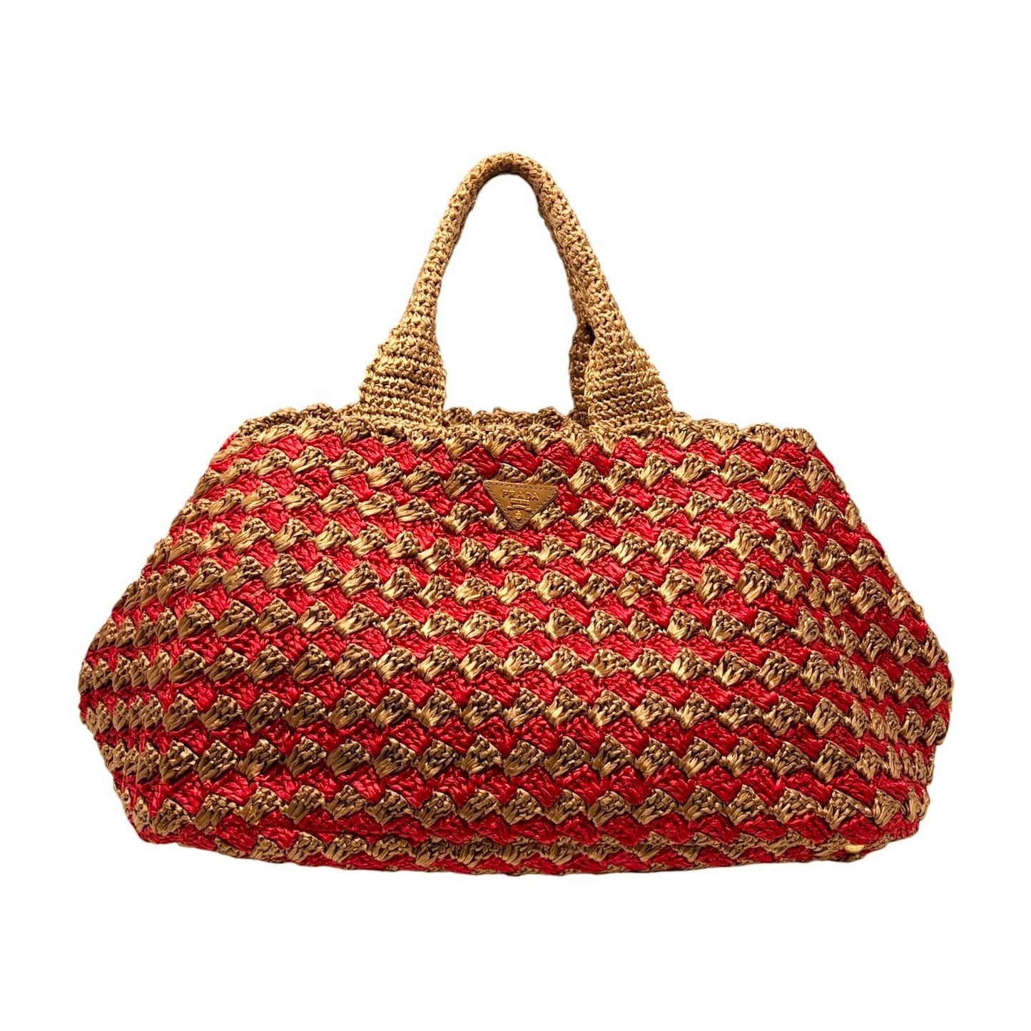 PRADA Vintage Triangle Logo Raffia Canapa Tote Bag Brown Red Crochet 902049