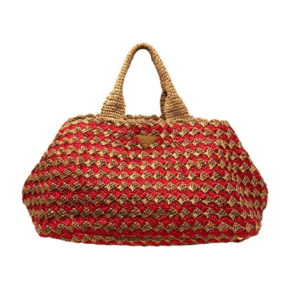PRADA Vintage Triangle Logo Raffia Canapa Tote Bag Brown Red Crochet 902049