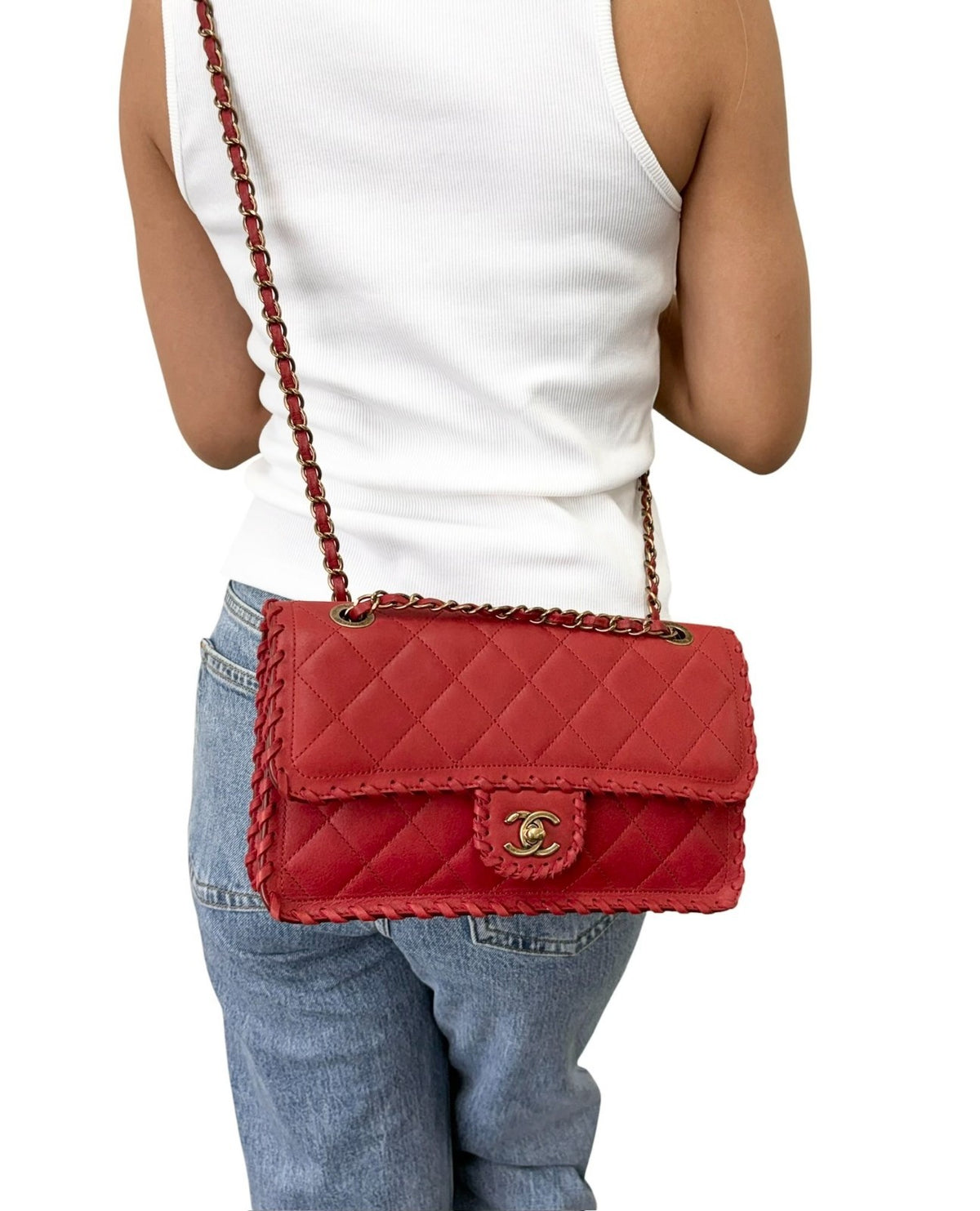 CHANEL Vintage CC Logo Quilted Whipstitch Chain 2way Bag Red Leather 902349