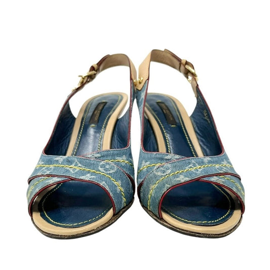 LOUIS VUITTON Vintage LV Logo Monogram Sandals #36.5-37 Blue Beige Denim Belt