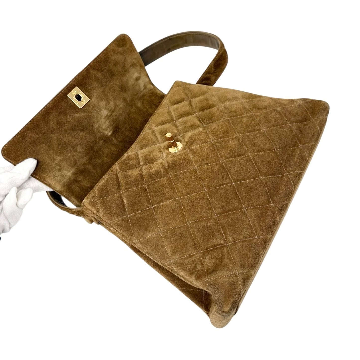 CHANEL Vintage CC Logo Turnlock Quilted Suede Flap Shoulder Bag Brown