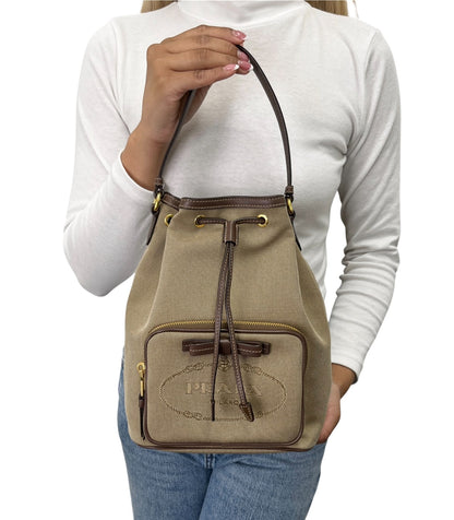 PRADA Vintage Jacquard Shoulder Top Handle Bag Beige Brown Canvas 902339