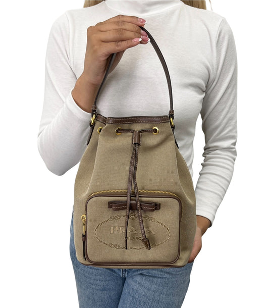 PRADA Vintage Jacquard Shoulder Top Handle Bag Beige Brown Canvas 902339