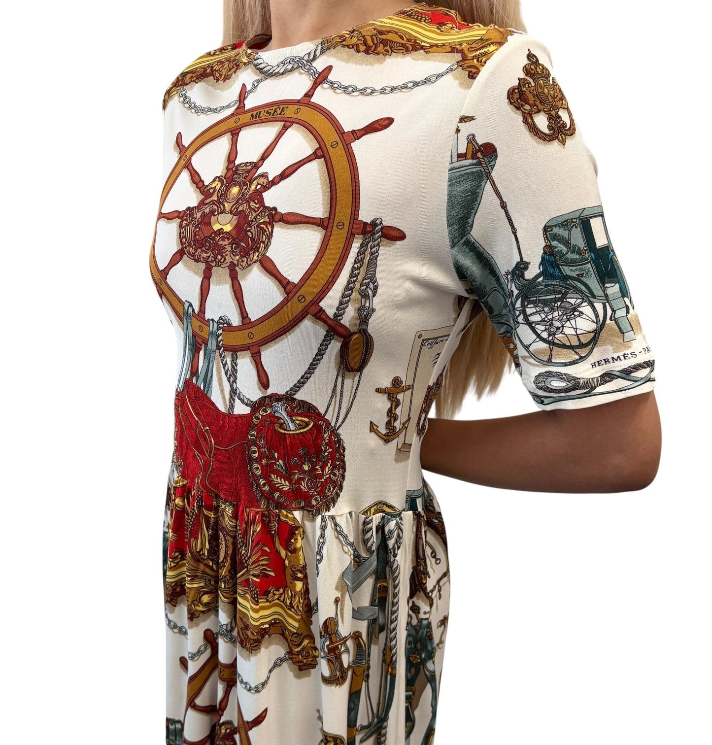 HERMES Vintage Nautical Wheel Print Silk Midi Dress Short Sleeve #XS White Gold
