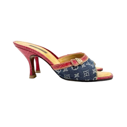 LOUIS VUITTON Vintage Monogram Denim Sandals Heels #36 Blue Red Beige 902029
