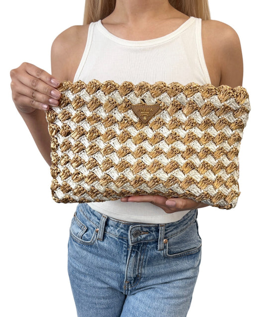PRADA Vintage Triangle Logo Raffia Clutch Bag Beige White Crochet Woven Pattern