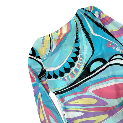 EMILIO PUCCI Vintage Logo Multicolor Abstract Print Tunic Top #36 Blue 902826