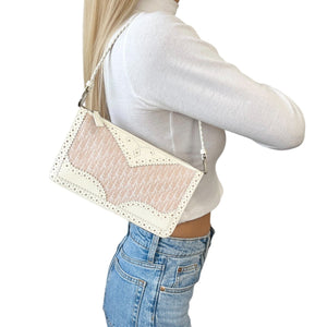Christian Dior Vintage Trotter Monogram Logo Shoulder Bag Pink White Leather Zip