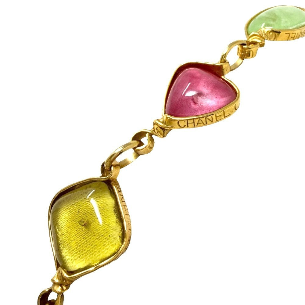 CHANEL Vintage 96P CC Logo Multicolor Glass Cabochon Necklace Gold 902238