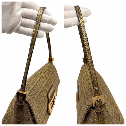 FENDI Vintage FF Logo Mamma Baguette Mini Shoulder Bag Pochette Gold 902053