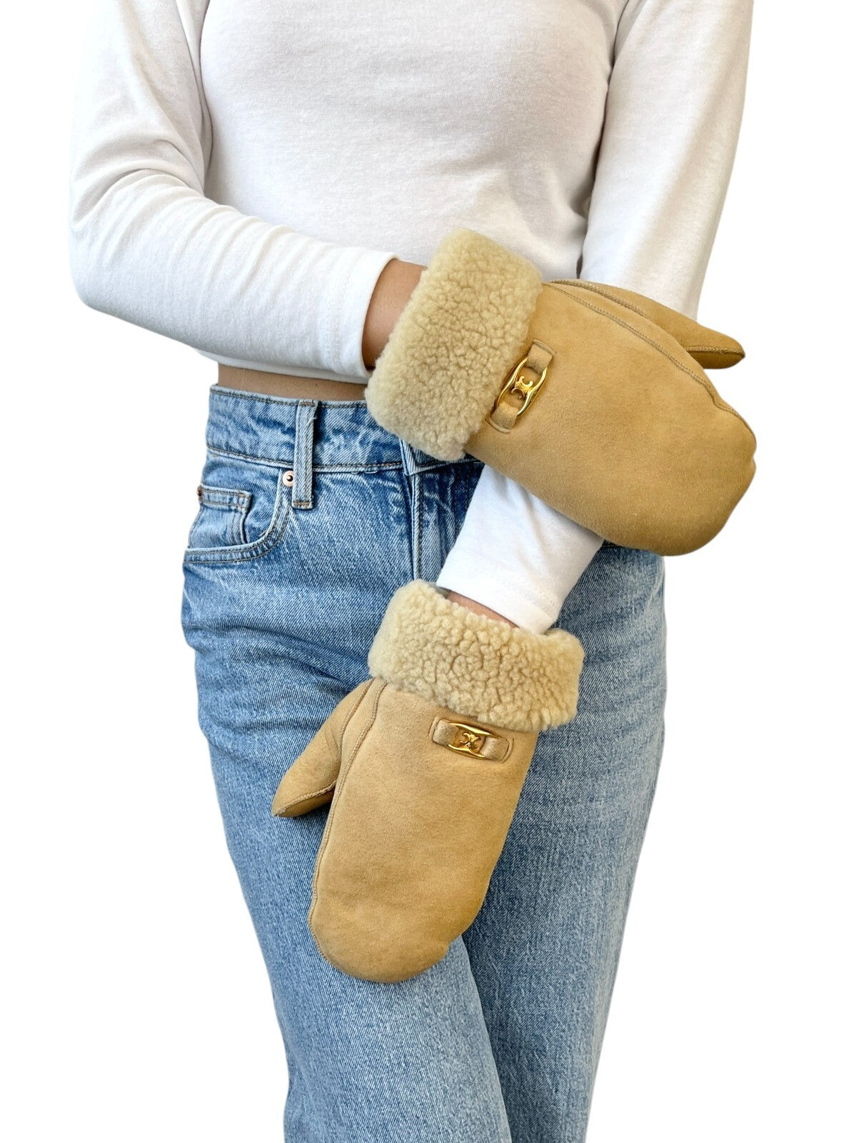 CELINE Vintage Macadam Logo Mouton Gloves Mittens Beige Gold Leather