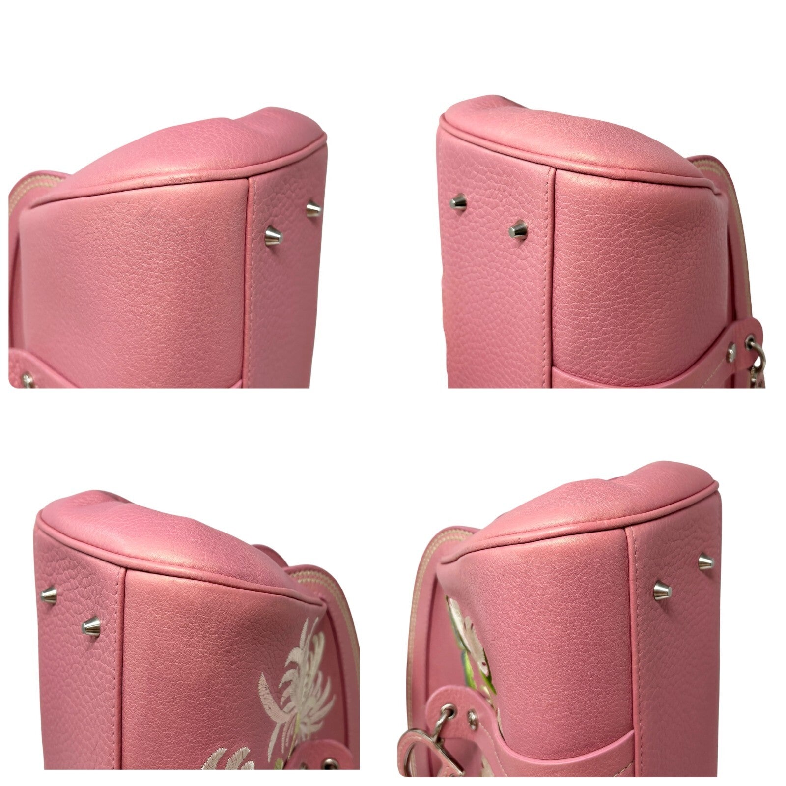Christian Dior Vintage 2005 Logo Embroidered Mini Boston Bag Pink Silver Leather