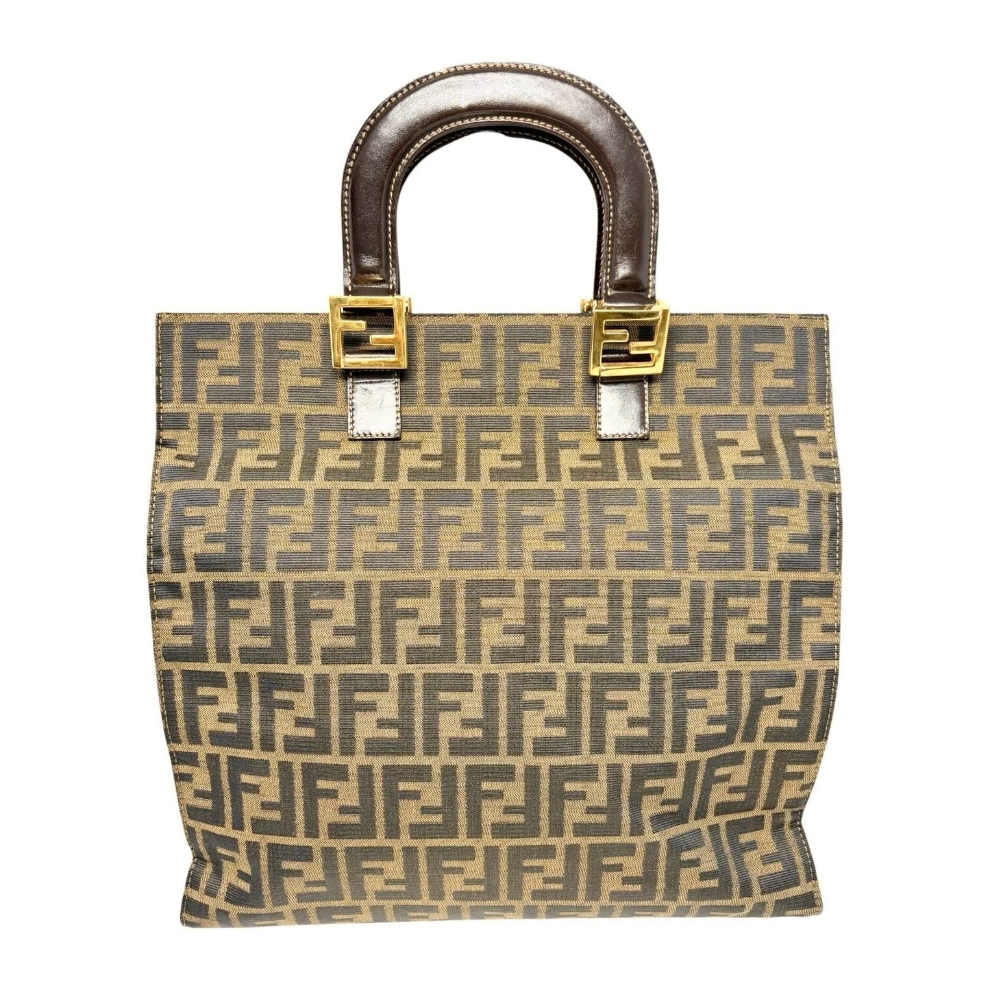 Fendi Vintage Zucca Canvas Tote Bag FF Logo Monogram Brown Gold Leather
