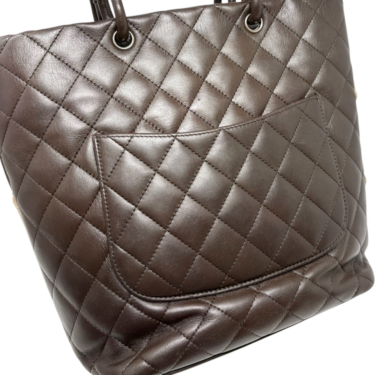 CHANEL Vintage Cambon Line CC Logo Quilted Tote Bag Brown Beige Leather 901900