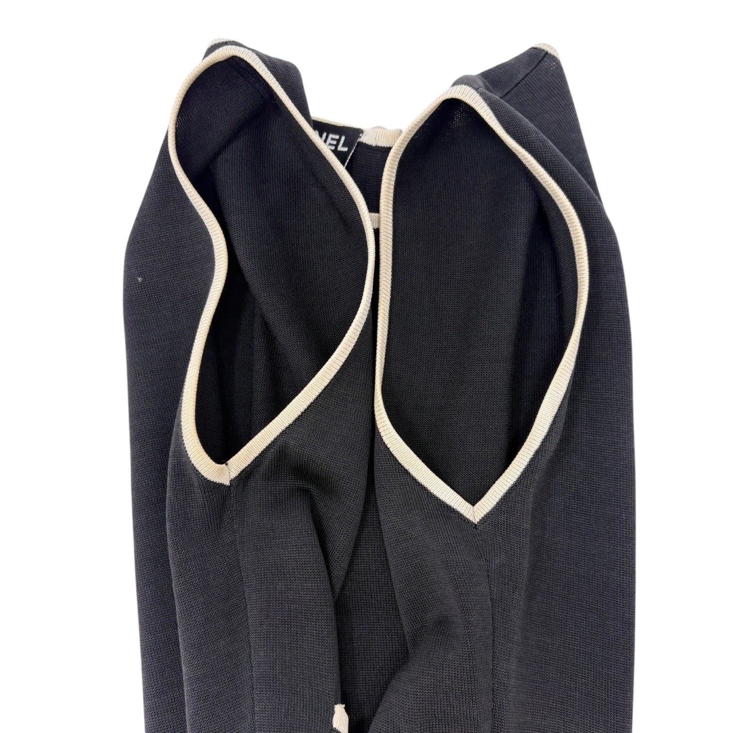 CHANEL Vintage 96C CC Mark Button Long One-piece Dress #40 Black Cream Cotton