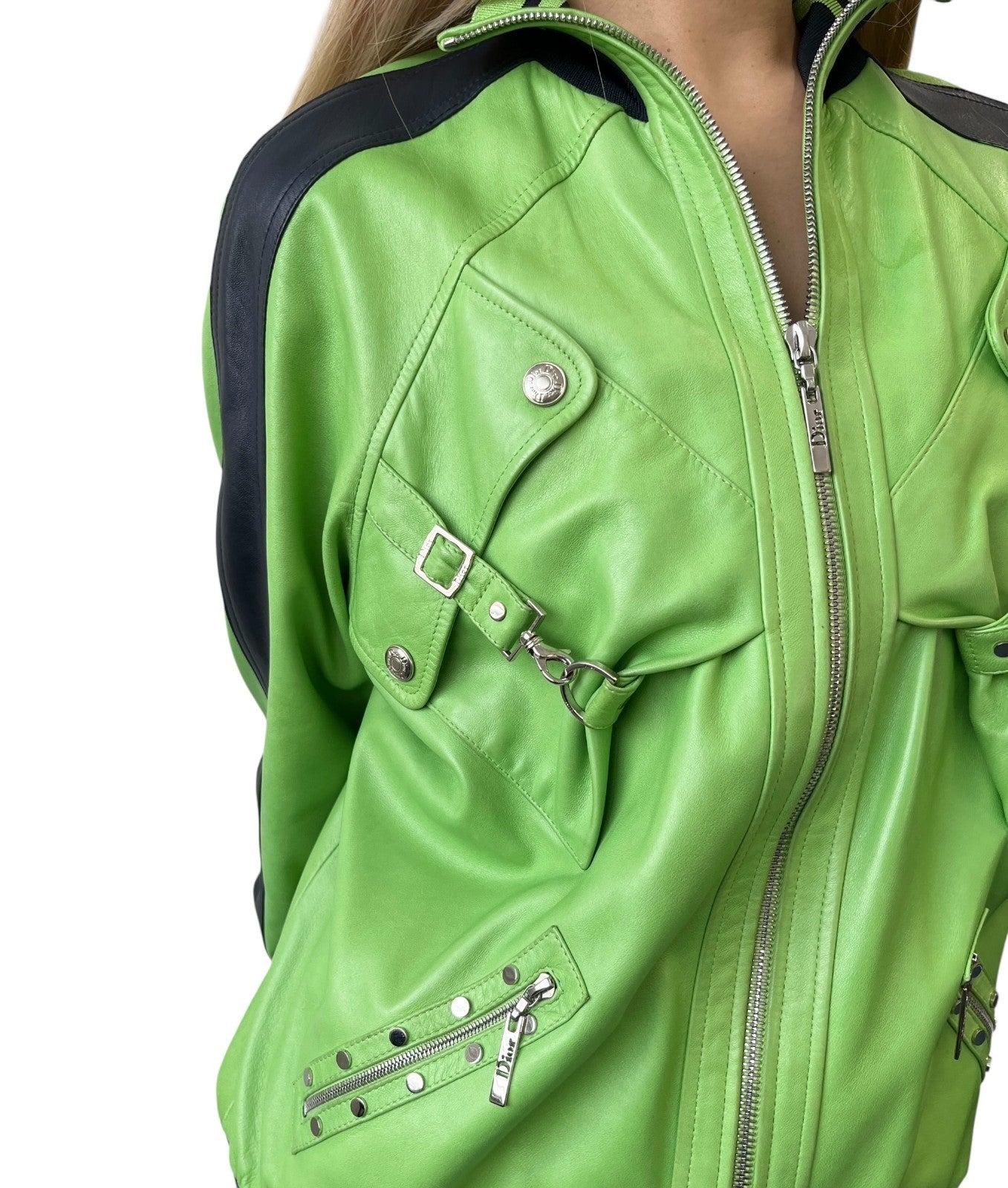 Christian Dior Vintage 2004 Logo Leather Jacket #36 Light Green Lambskin Black
