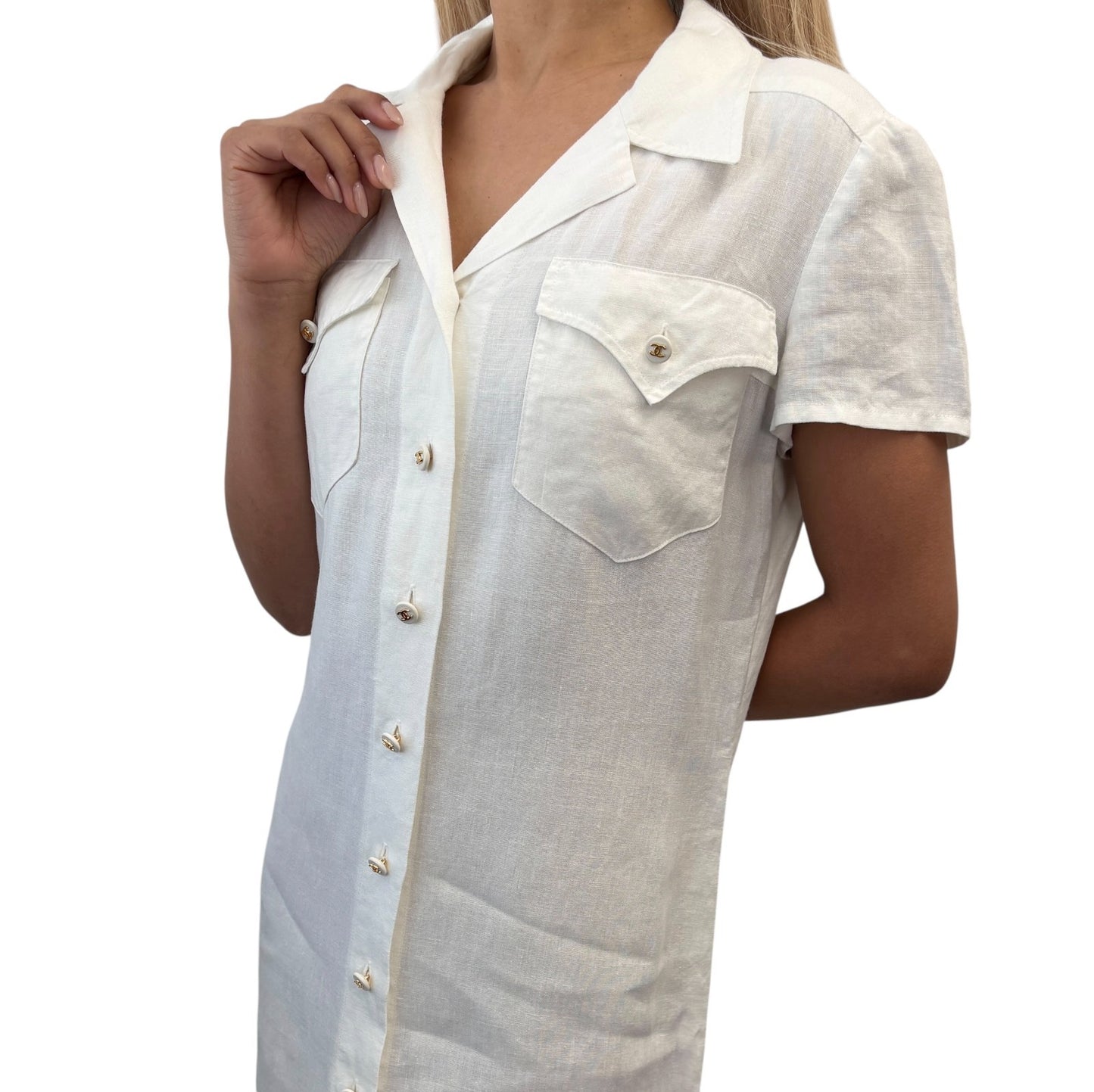 CHANEL Vintage 97P CC Logo Button Linen Shirt Dress One-piece #38 White