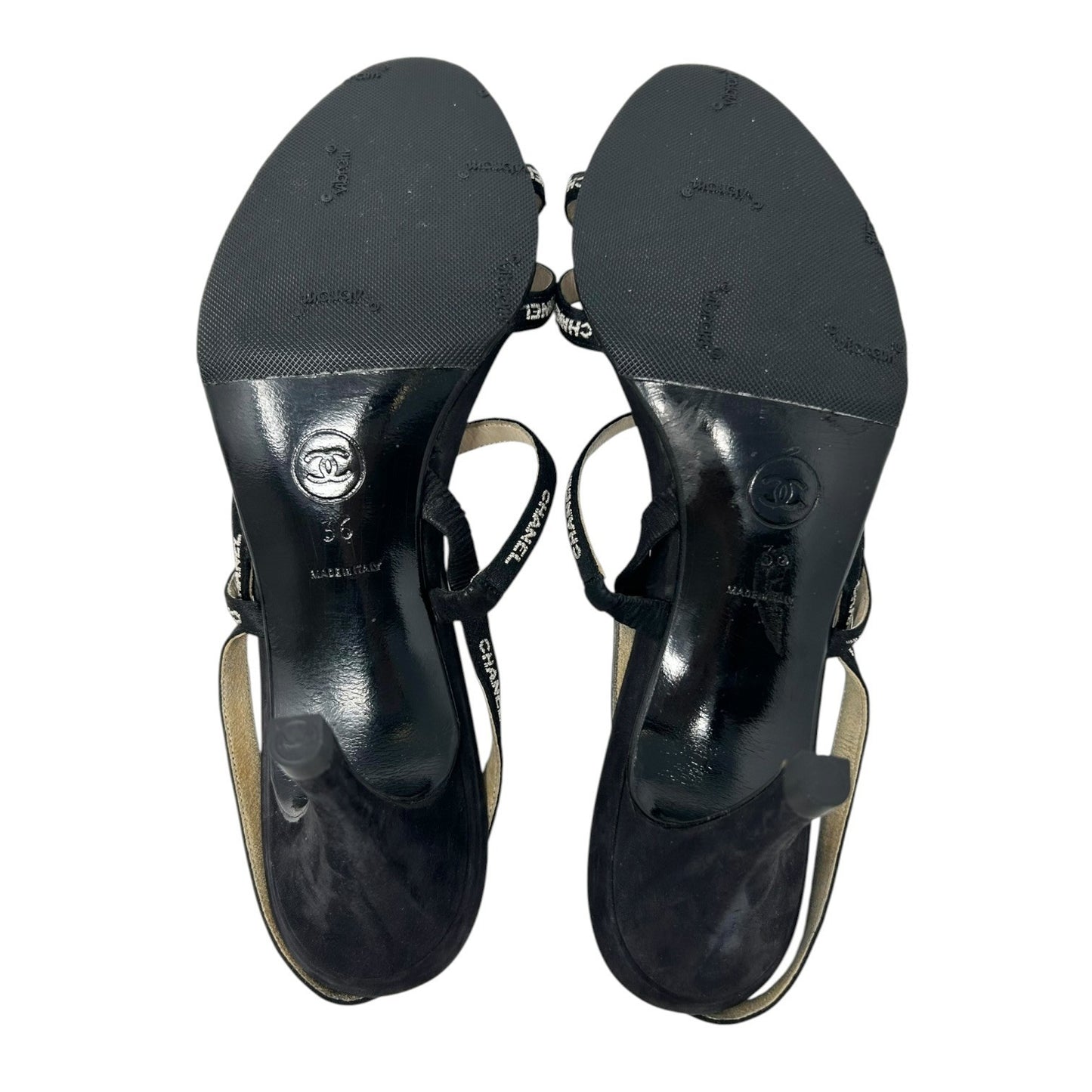 CHANEL Vintage 96C Logo Satin Ribbon Sandals Heels #36 Black White Satin Strap