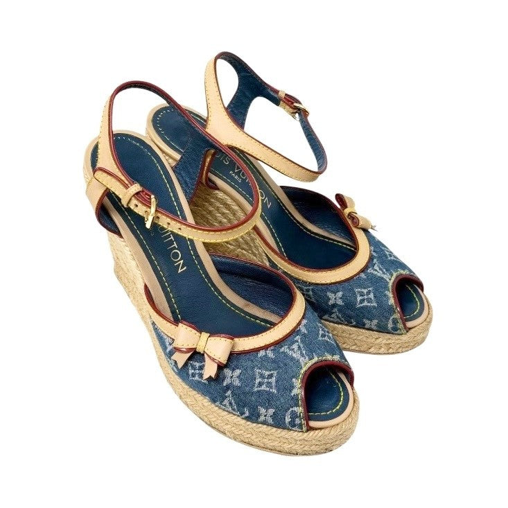 LOUIS VUITTON Vintage Logo Monogram Sandals Heels #36.5 Blue Beige Denim