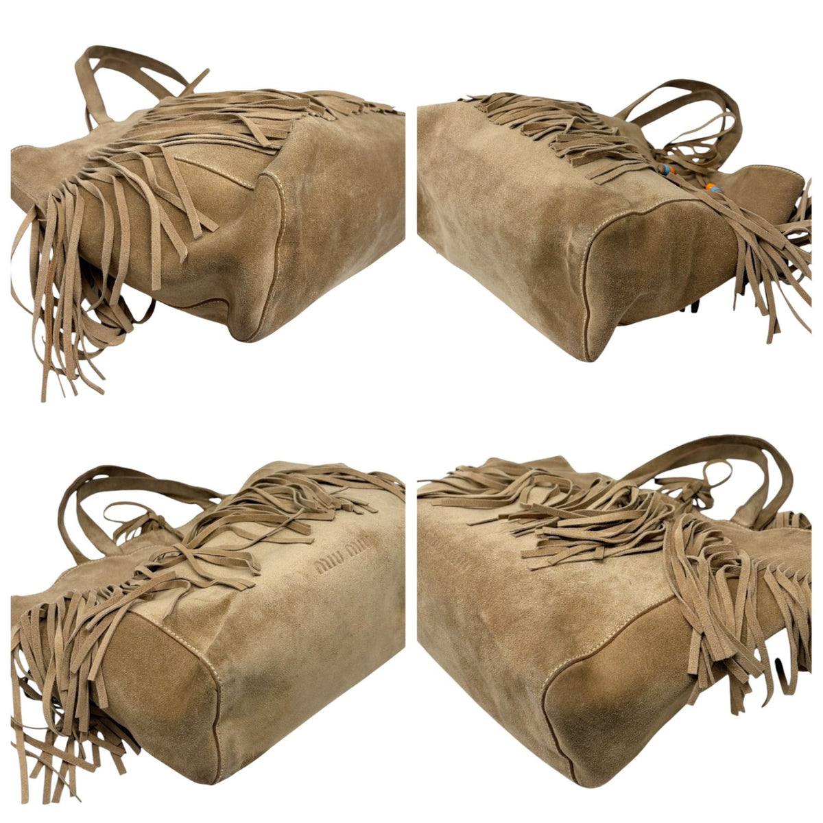 miu miu Vintage Fringe Ribbon Beads Top Handle Tote Bag Beige Suede 902477