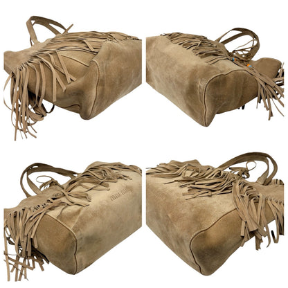 miu miu Vintage Fringe Ribbon Beads Top Handle Tote Bag Beige Suede 902477