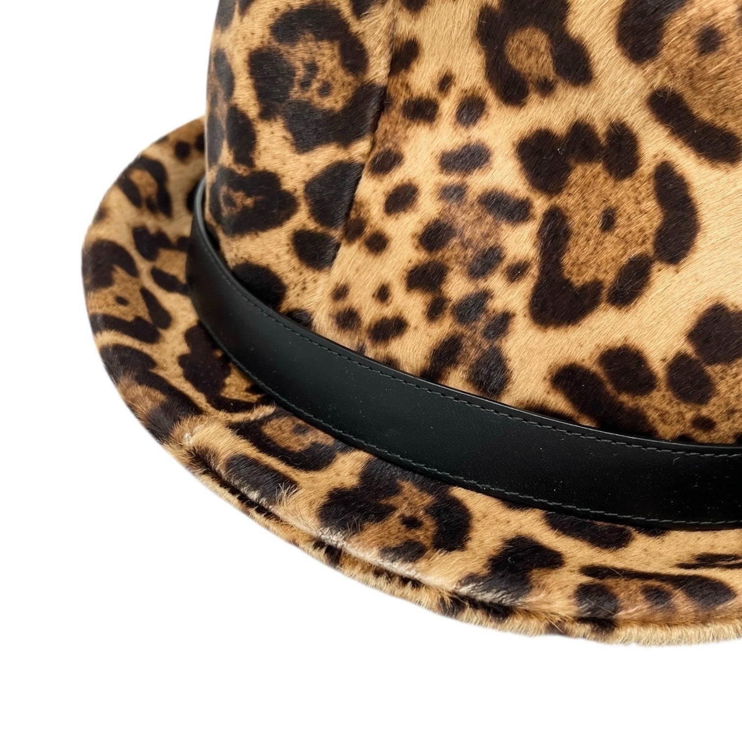 GUCCI Vintage Logo Leopard Pony Calf Hair Hat #M Beige Brown Cotton Belt