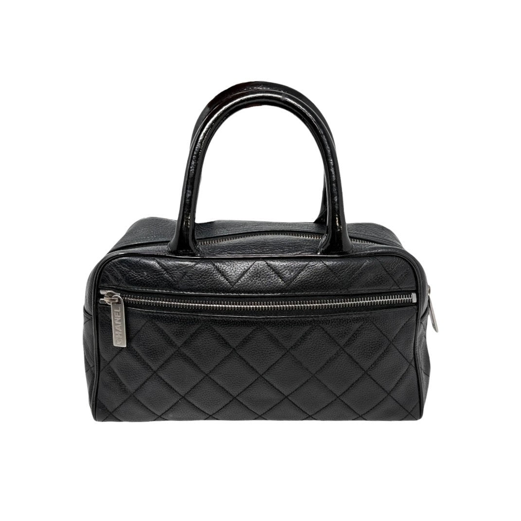 CHANEL Vintage CC Big Logo Quilted Leather Mini Bowling Boston Bag Black Silver