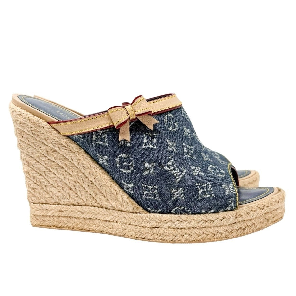 LOUIS VUITTON Vintage Monogram LV Logo Denim Sandals Heels #37.5 Blue Leather