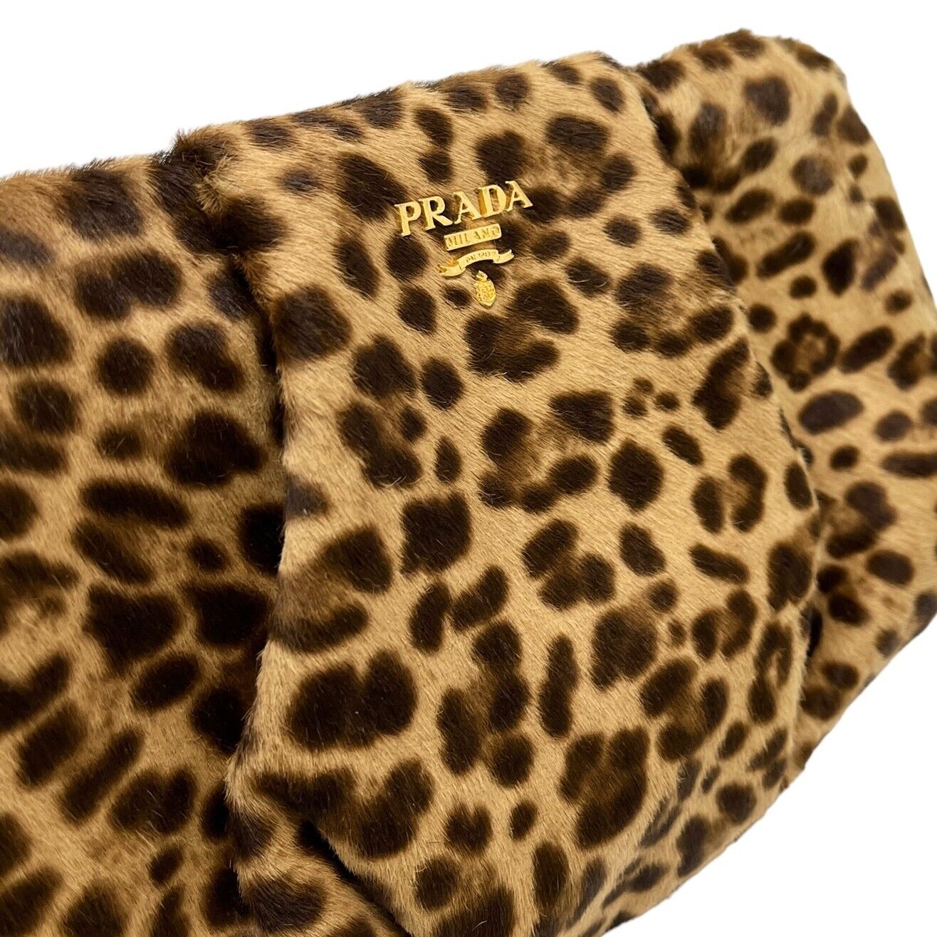 PRADA Vintage Logo Leopard Clutch Bag Wristlet Pouch Brown Calf Hair Rank AB+