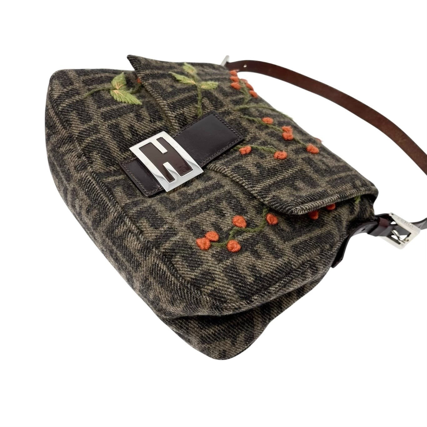 FENDI Vintage FF Mamma Baguette Wool Knit Shoulder Bag Brown Flower