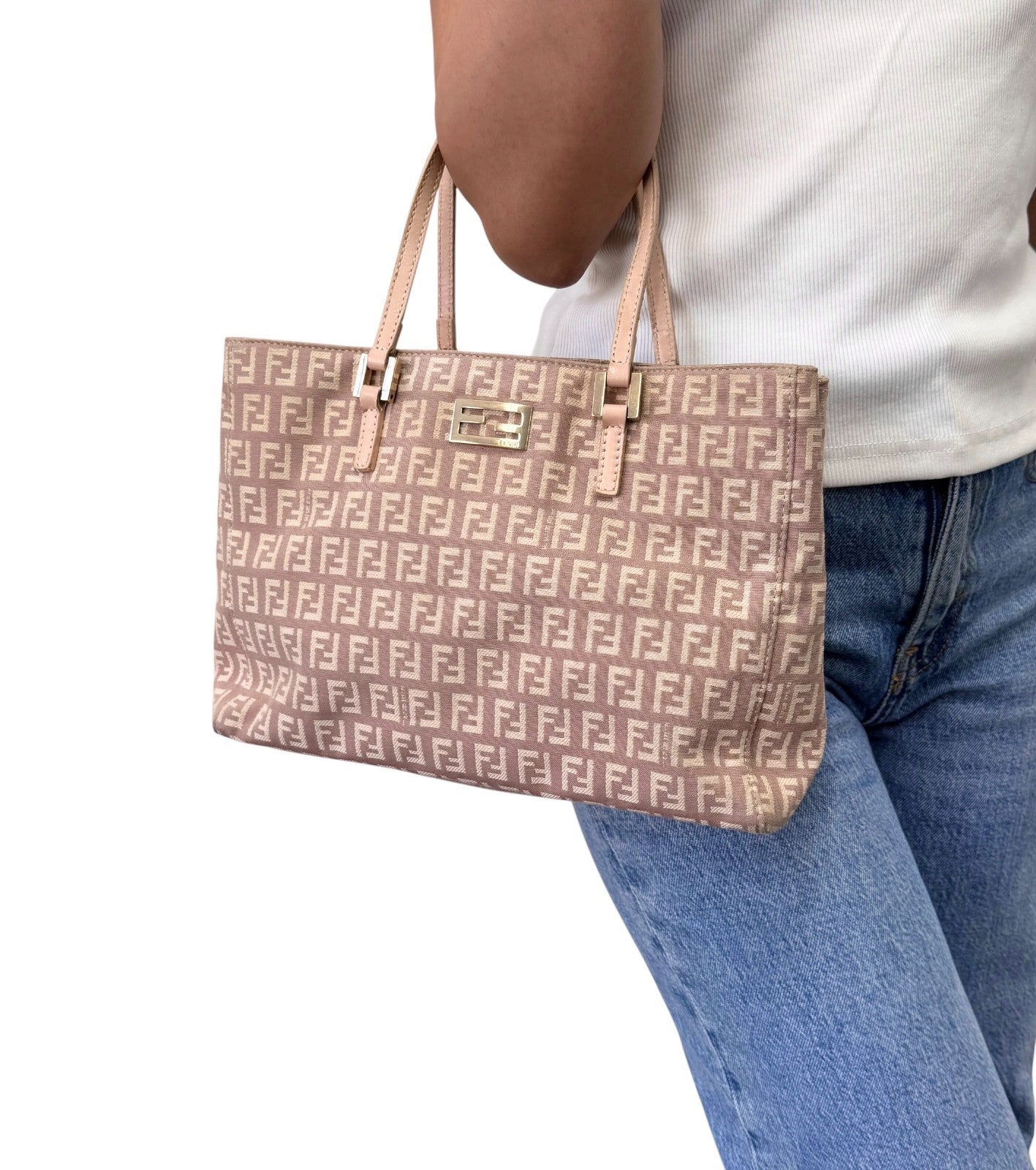 FENDI Vintage FF Logo Zucchino Monogram Tote Hand Bag Pink Beige 902445
