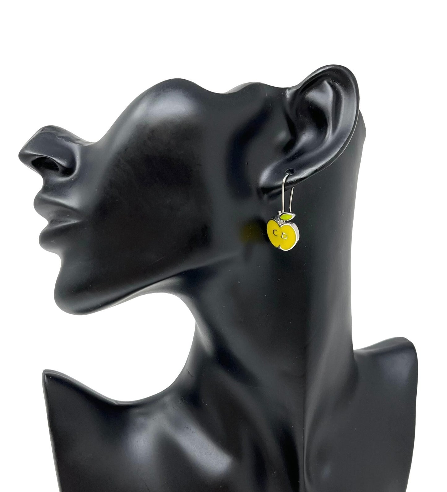 Dior Vintage CD Logo Earrings Accessory Apple Design Yellow Silver Green RankA