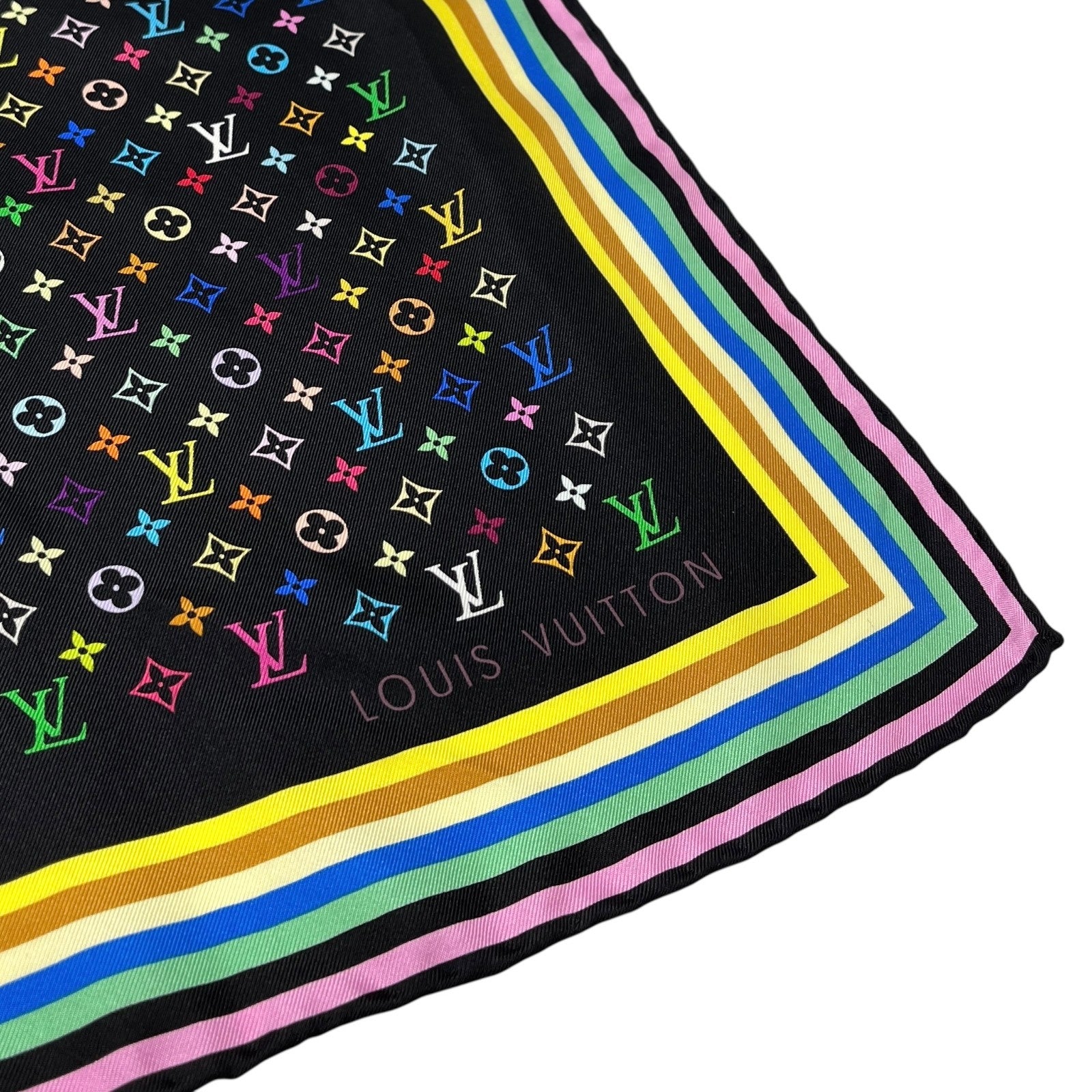 LOUIS VUITTON Vintage LV Logo Monogram Multicolor Scarf Wrap Top Black Silk