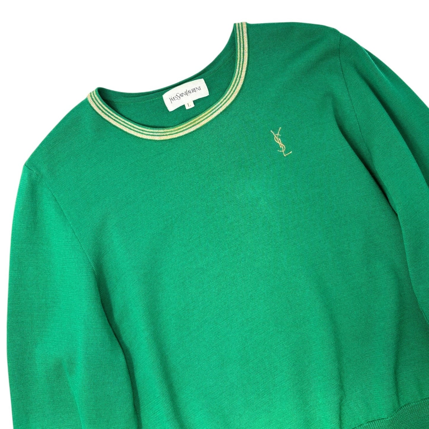 Yves Saint Laurent Vintage YSL Logo Knit Sweater Top #L Pullover Green Gold