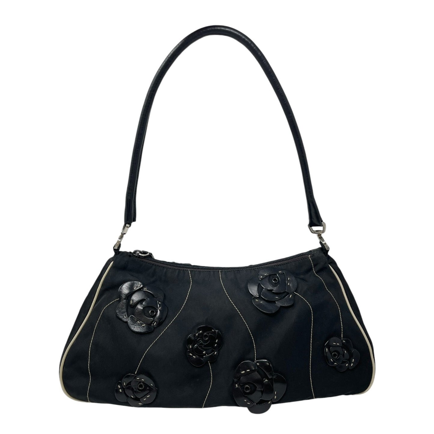 PRADA Vintage Triangle Logo Rose Flower Shoulder Bag Black Nylon Zip 902681