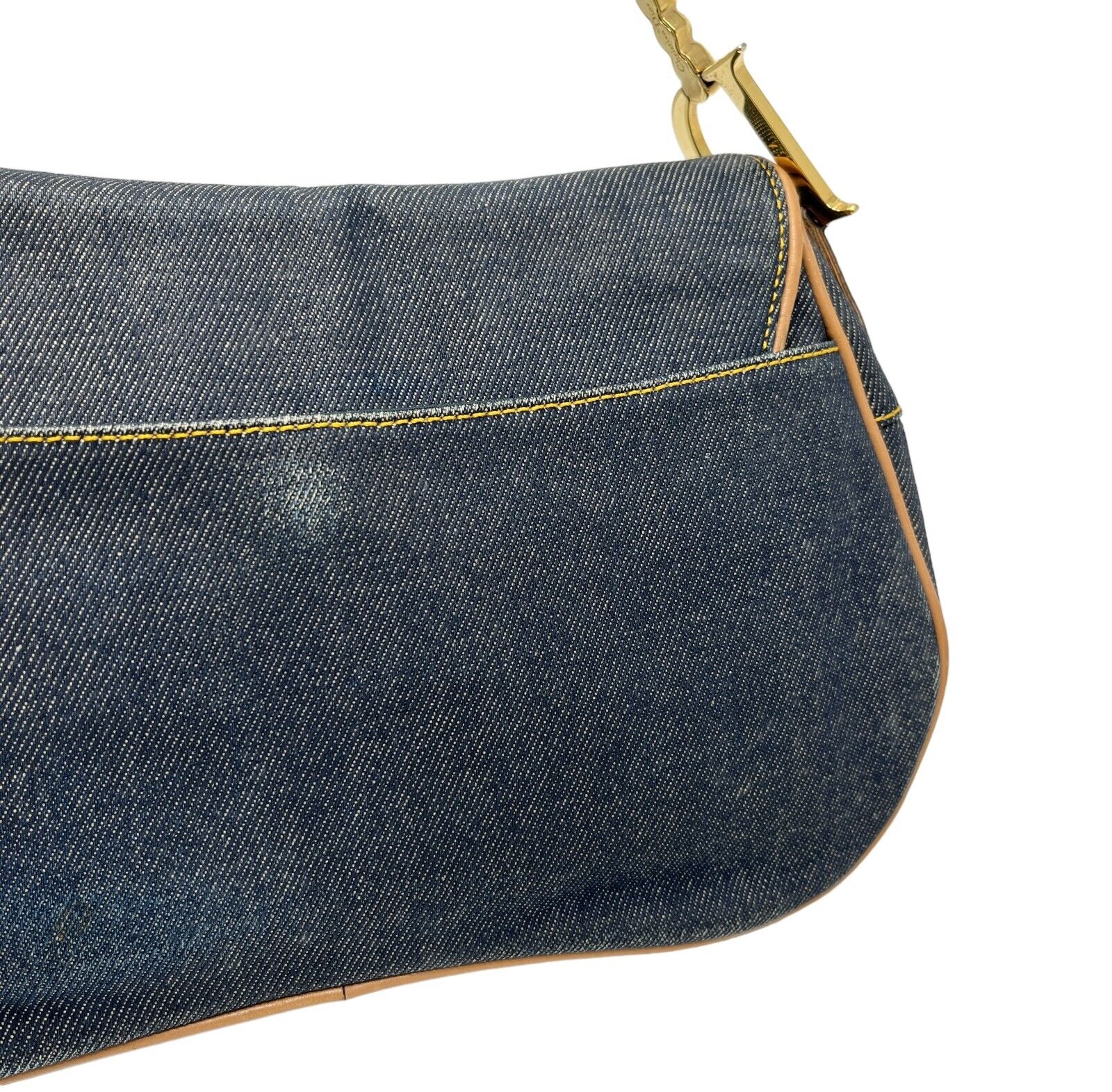 Christian Dior Vintage Double Saddle Bag Denim Dark Blue Brown Cotton Rank AB