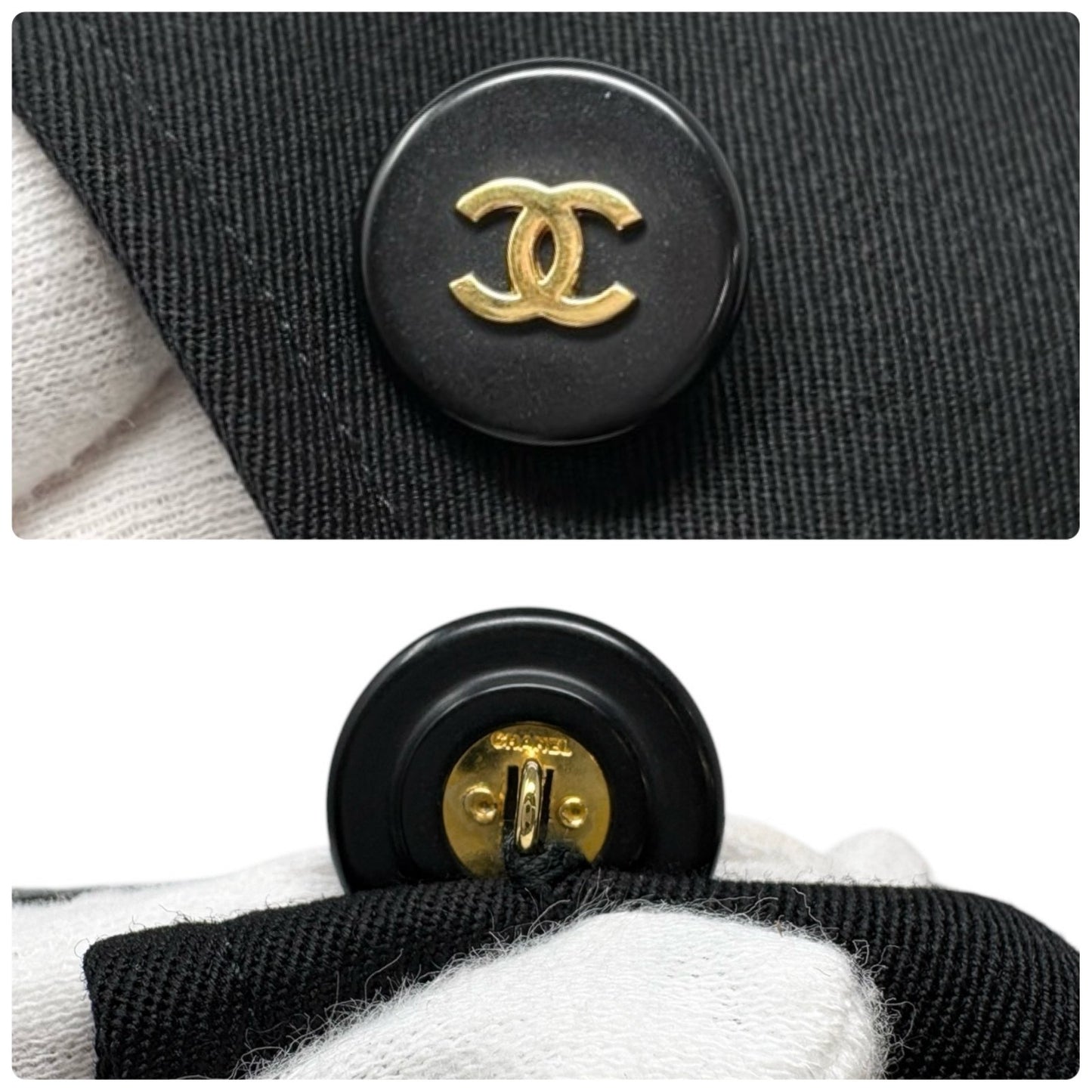 CHANEL Vintage 97P CC Logo Button Cropped Jacket #38 Black Gold Pockets 901921