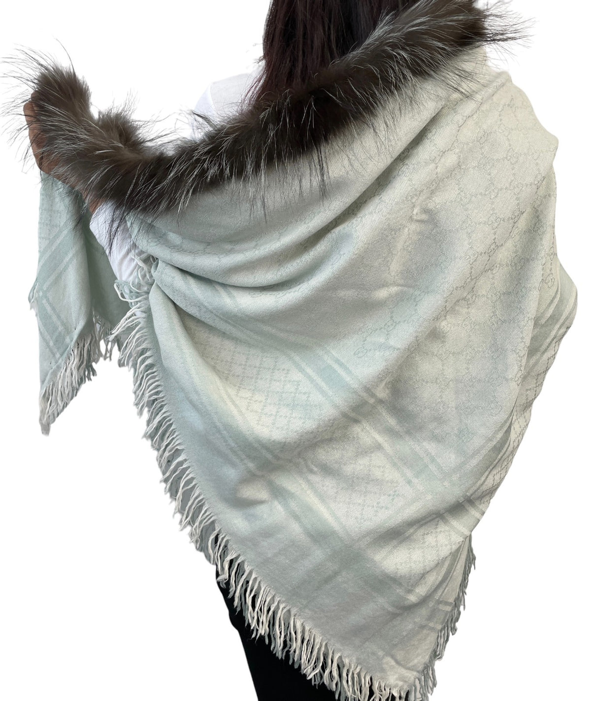 GUCCI Vintage GG Logo Monogram Fox Fur Scarf Shawl Wrap Mint Green 902473