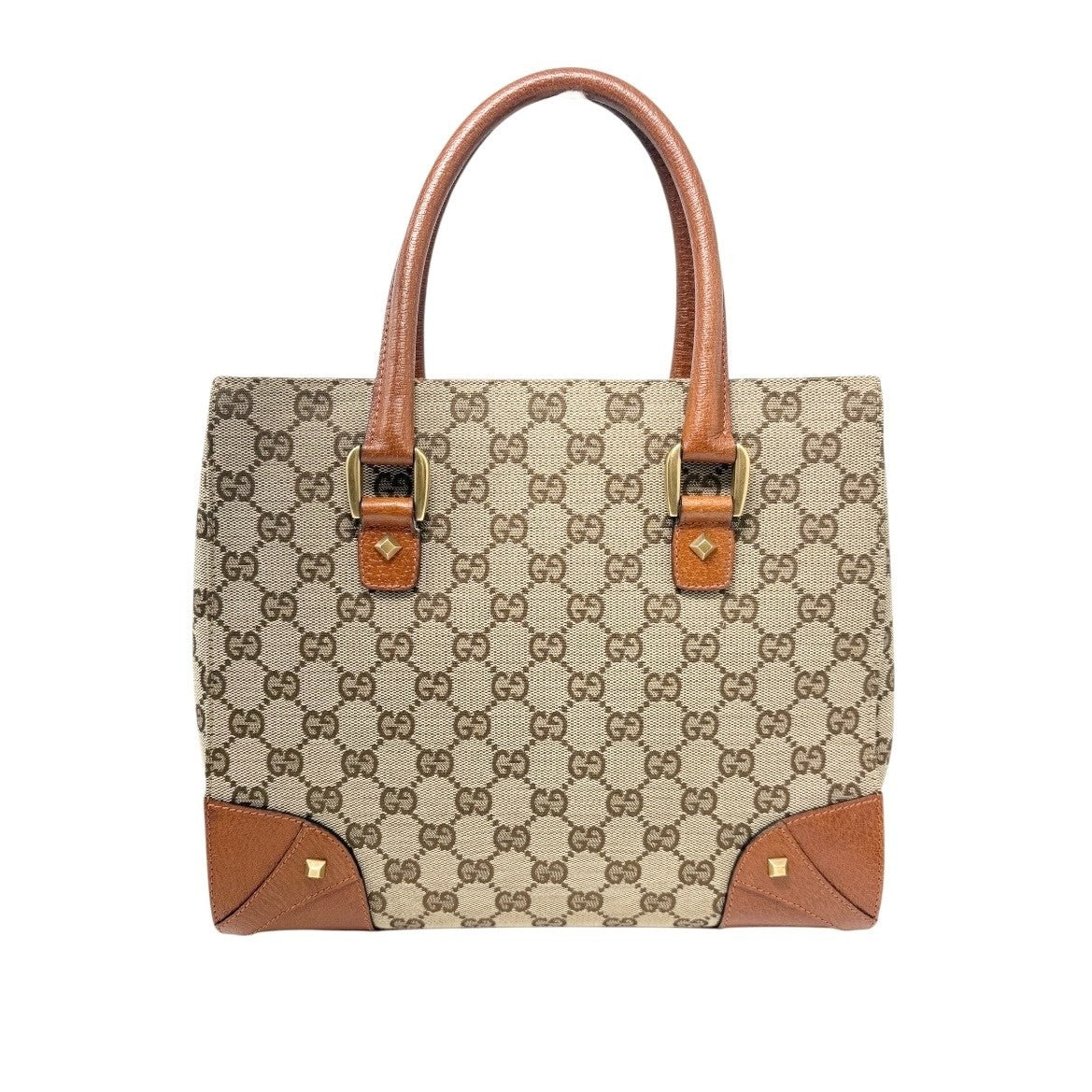 GUCCI Vintage GG Canvas Monogram Tote Bag Nailhead Orange Brown Studs Leather