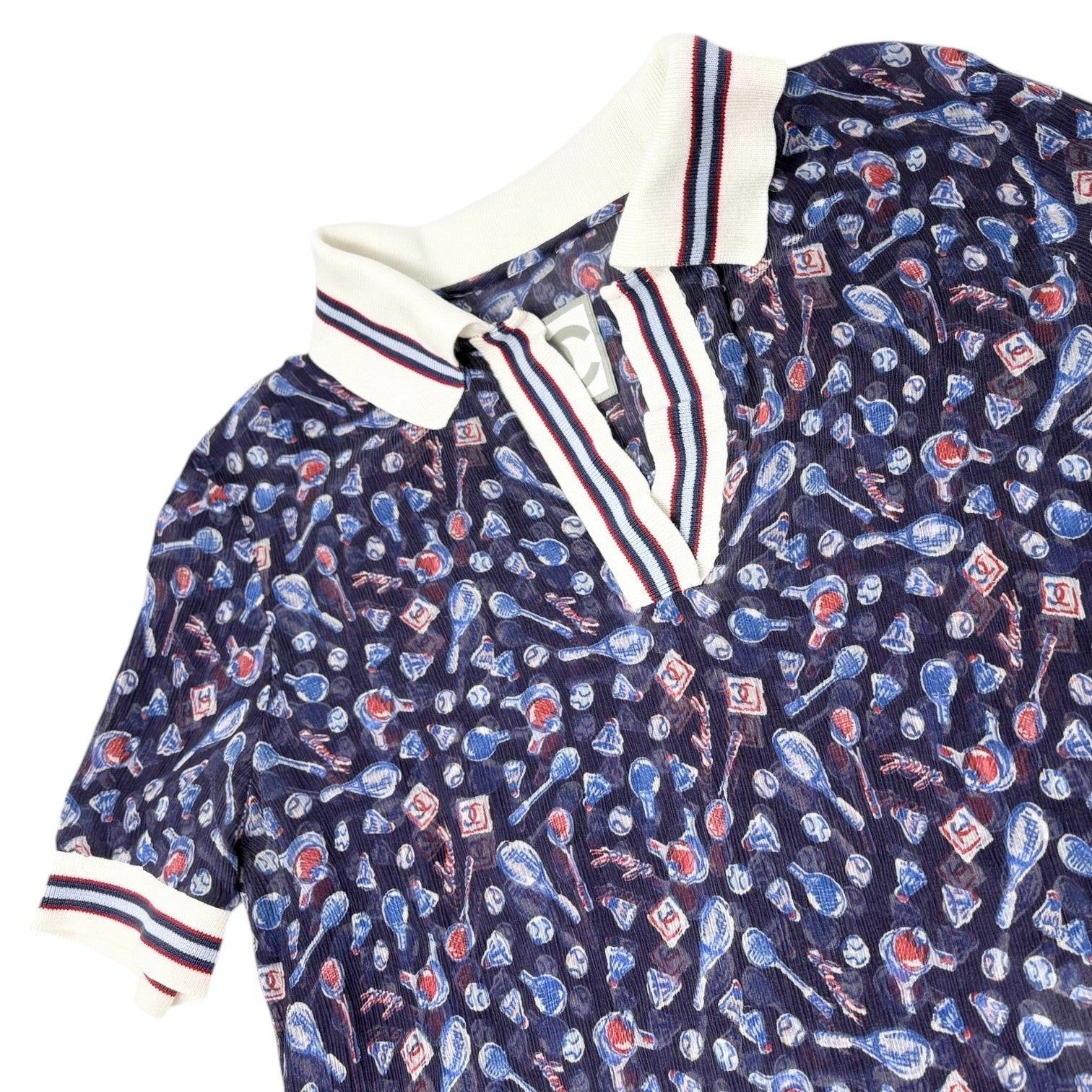 CHANEL Sport Vintage 06P Polo Shirt Top #34 Blue White Silk V-Neck Tennis