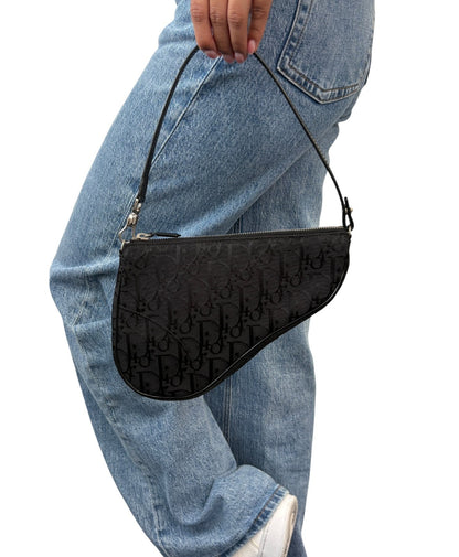 Christian Dior Vintage Trotter Monogram Mini Saddle Bag Black Canvas 902264