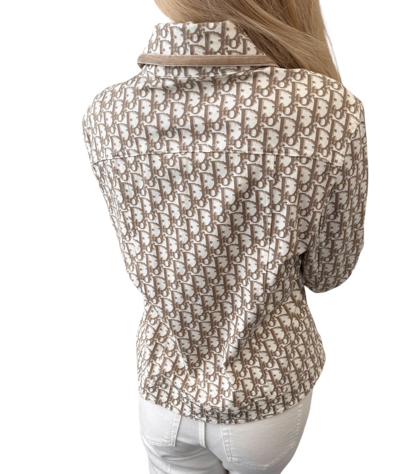 Christian Dior Vintage Trotter Monogram Jacket #42 Beige Cotton Velour Ribbon