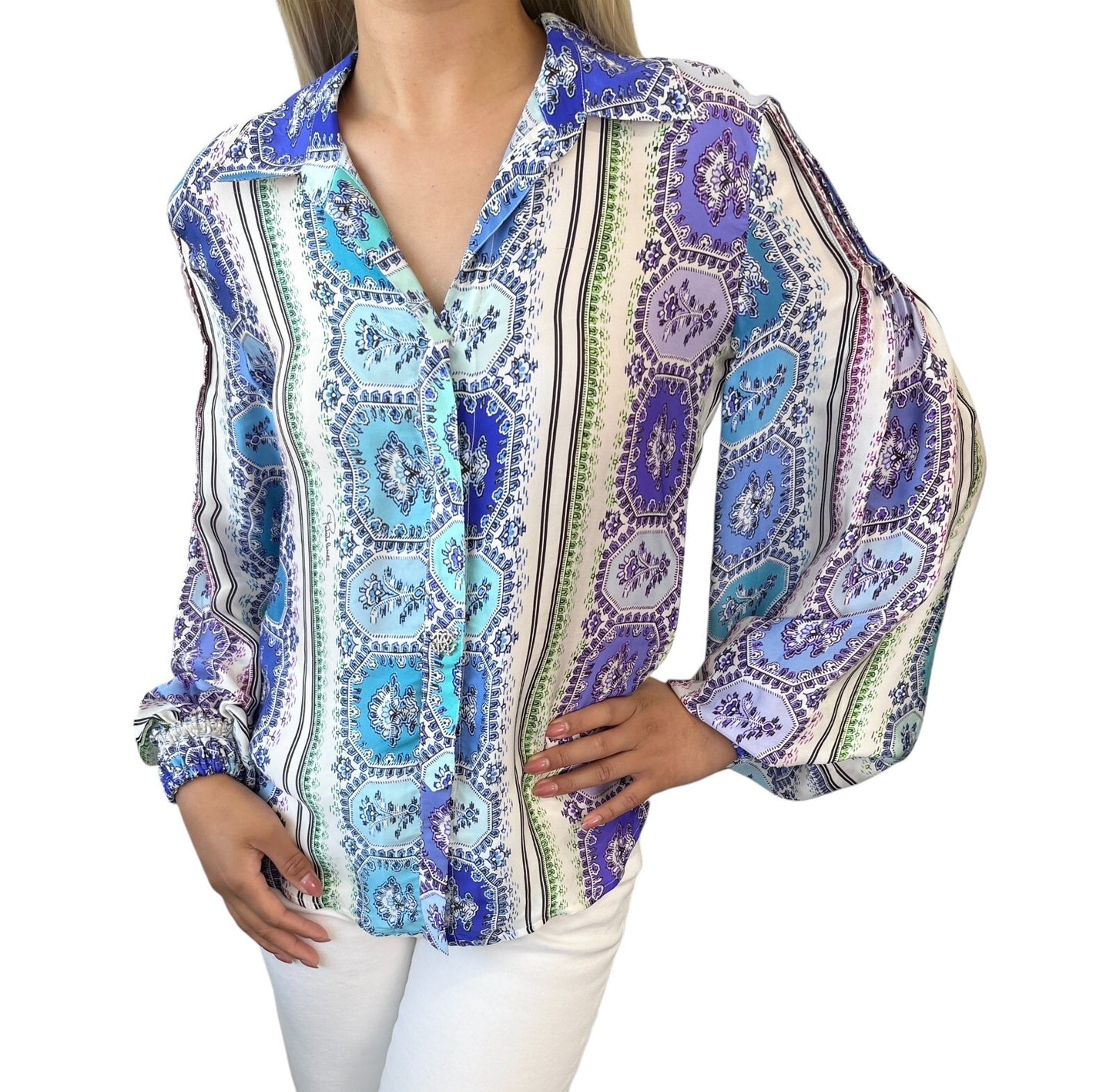 Roberto Cavalli Vintage Shirt Top #38 Rhinestone Button Blue Purple Silk RankAB