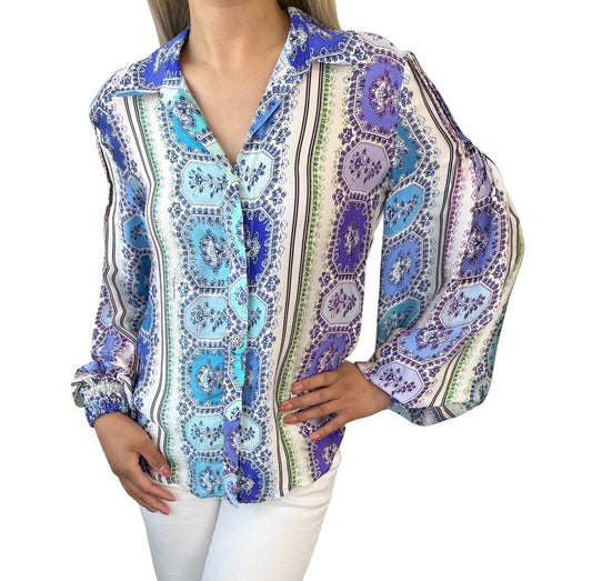 Roberto Cavalli Vintage Shirt Top #38 Rhinestone Button Blue Purple Silk RankAB