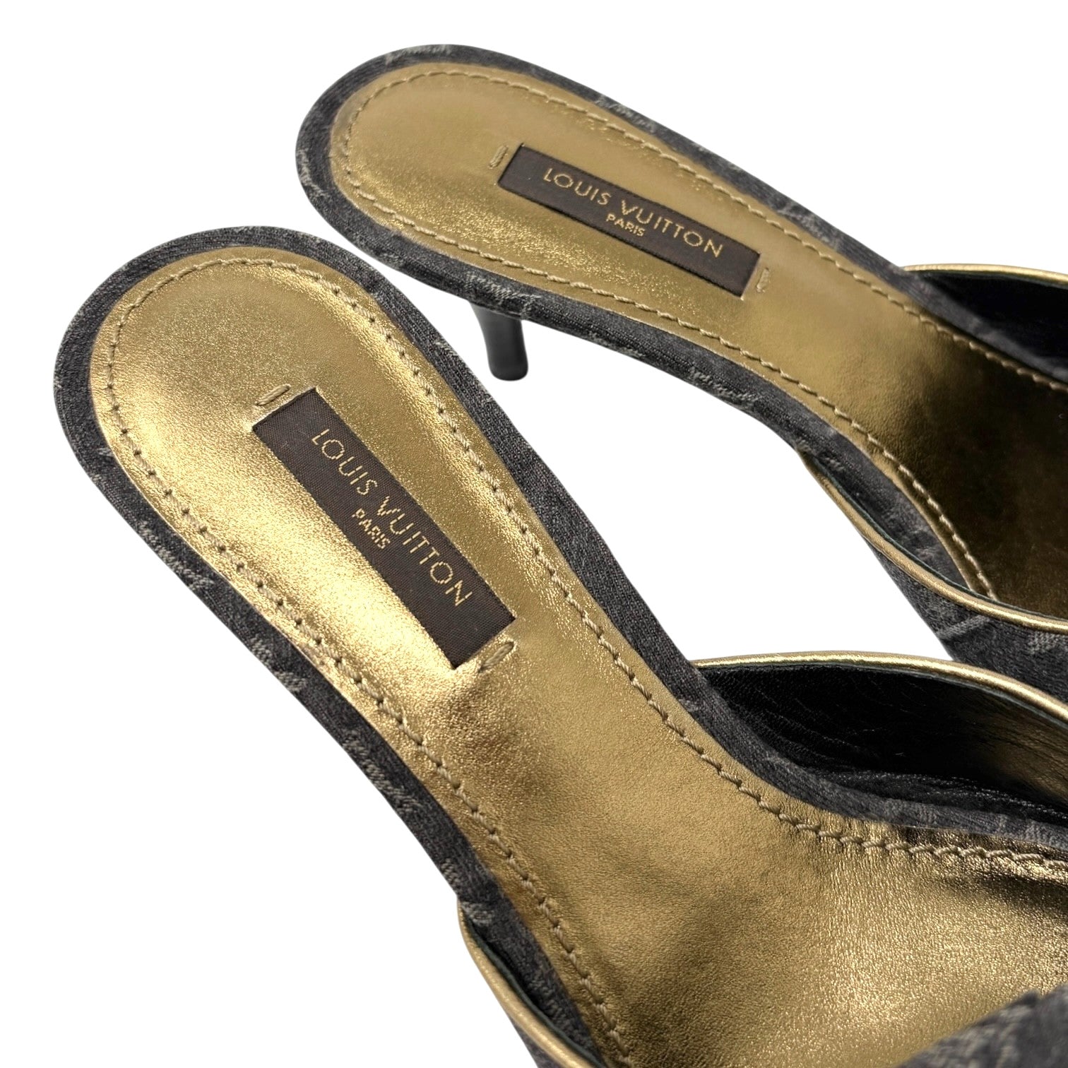 LOUIS VUITTON Vintage Monogram Denim Heels Sandals #36.5 Black Gold Corsage